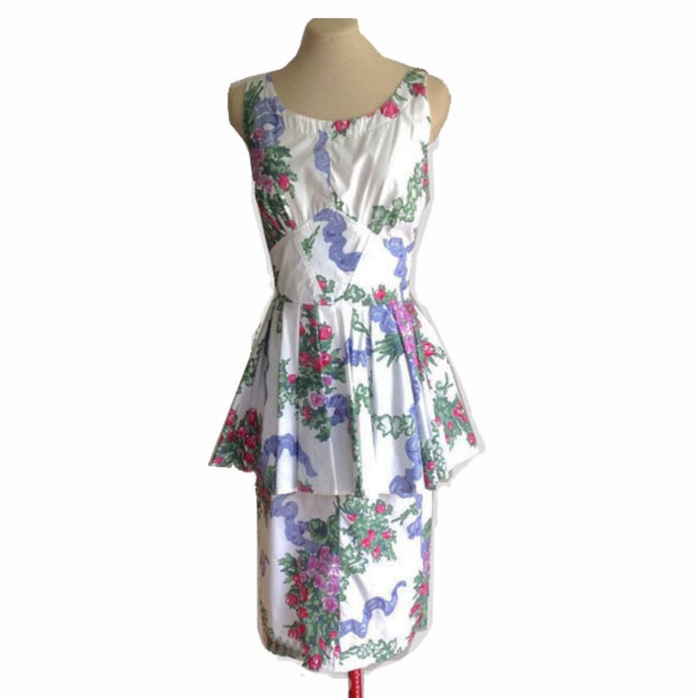 Vtg 80s Country Romance Floral Peplum Dress 7/8